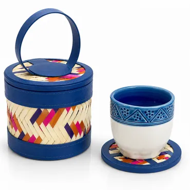 Artisan Cup with Handwoven Wicker Bag and Coaster